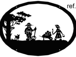 Enseigne motif Fermier, fermière et brouette